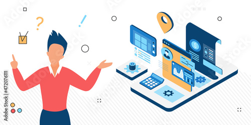 Technological progress in business, modern management systems. Financial perfomance and industrial automation , isometric vector isolated