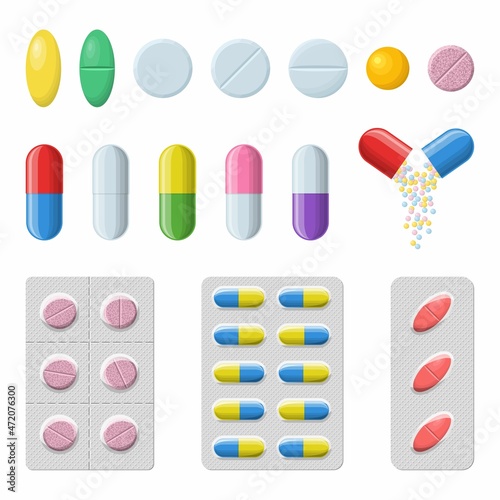 Set of pills and capsules on a white background. Medicines icons. Blister pills: pain relievers, vitamins, antibiotics and aspirin. Pharmacy and drugs symbols. Medical vector illustration
