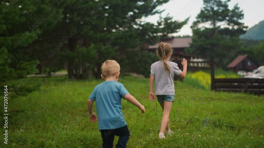 Little boy and girl friends walk together along lush meadow grass spending time at countryside on spring day backside view slow motion Little boy and girl friends walk together along lush meadow grass spending time at countryside on spring day backside view slow motion