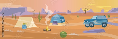 Desert camp panorama flat vector illustration. Tents and car near campfire.