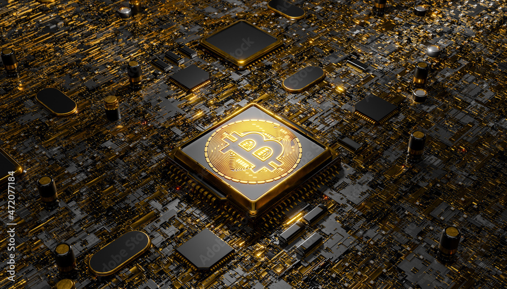 Bitcoin symbol on gold plated circuit board
