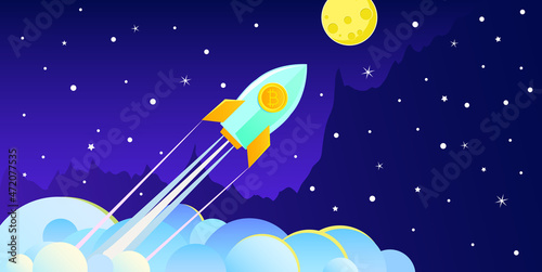 Concept of Crypto-currency. Rocket flying to the moon with bitcoin icon.