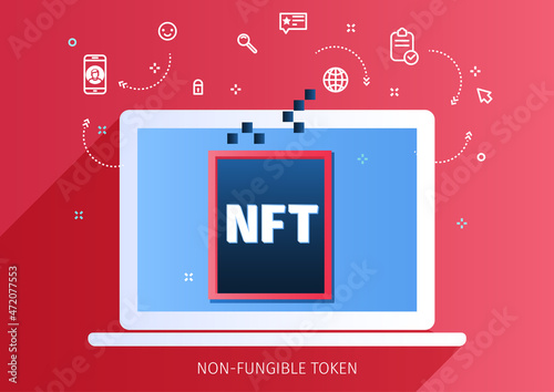 NFT nonfungible token text on screen. Pay for unique collectibles in games or art.