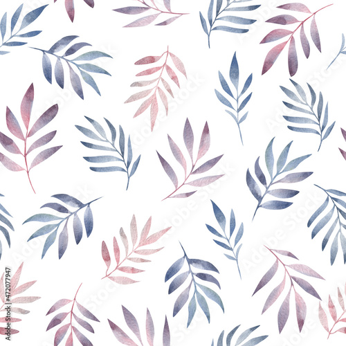 Watercolor pink leaves on a white background. Abstract pattern.