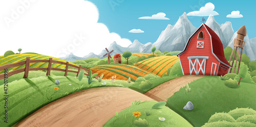 illustrated landscape of a farm for background spring © mollicart