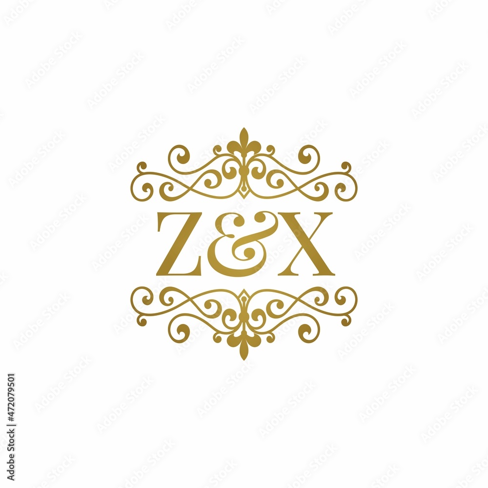 Z&X initials logo ornament gold. Letter ZX wedding ampersand or