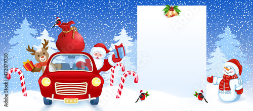 Santa Claus and Cartoon deer wit gift box in red car with big Christmas bag rides near billboard for layout congratulation or letter with list wish to Santa Claus or announcement presentation