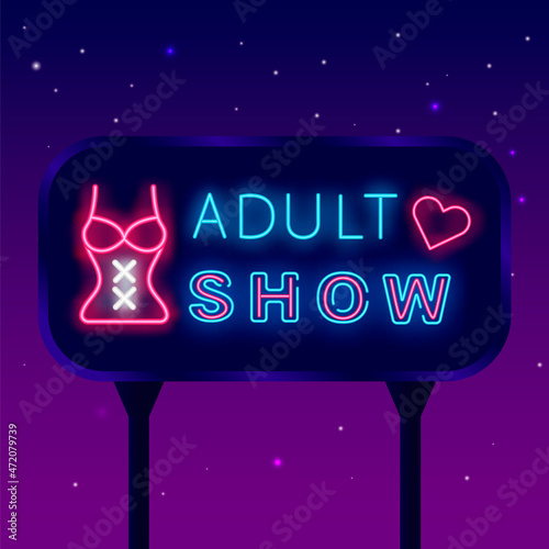 Adult show neon signboard. Sexy lingerie. Striptease street billboard. Isolated vector stock illustration