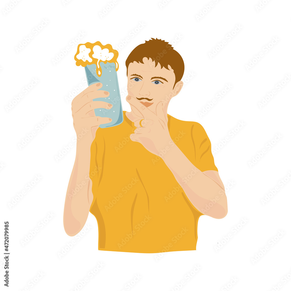 A man with a mustache holds a glass of beer in his hand. A man with a mustache holds a glass of beer in his hand.
