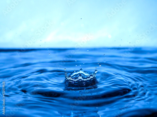 A blue drop drips into the water and creates splashes of various shapes