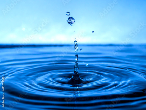 A blue drop drips into the water and creates splashes of various shapes