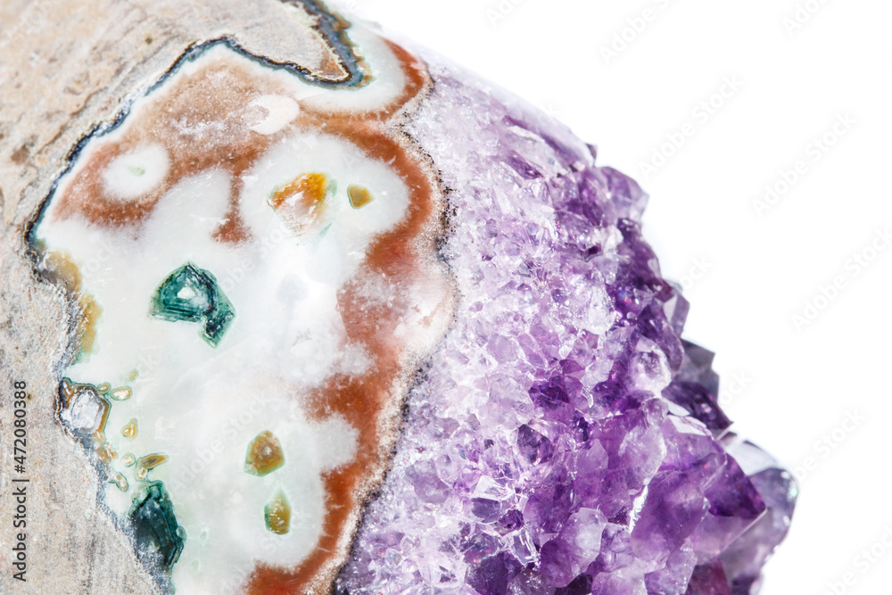 Amethyst Crystal Druse macro mineral on white background Amethyst Crystal Druse macro mineral on white background
