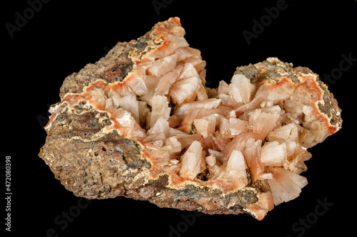 Macro of a stone Stilbite mineral on a black background