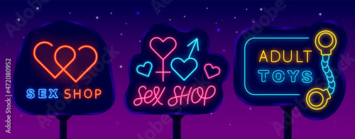 Sex shop neon street billboards collection. Adult toys emblem on banner. Vector stock illustration