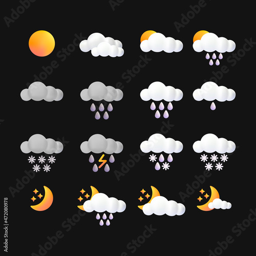 3d Cute Weather Forecast Set Cartoon Plasticine Style on a Black Include of Thunderstorm and Snowflake. Vector illustration