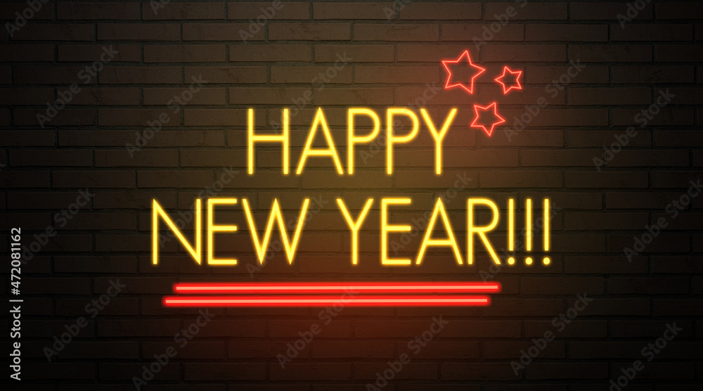 Obraz premium neon message HAPPY NEW YEAR on brick wall background