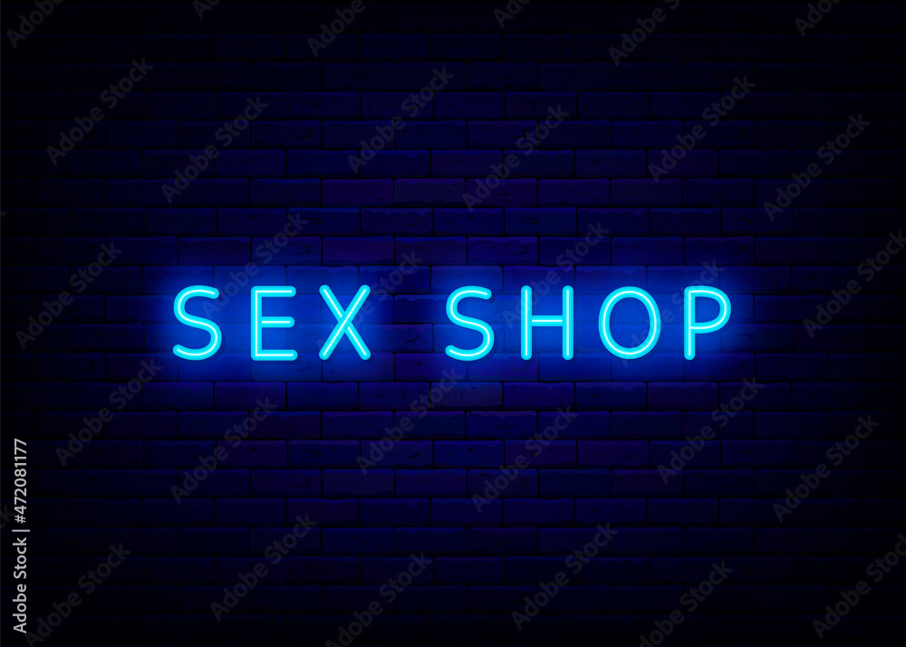 Sex shop neon text signboard. Light advertising. Night bright promotion on brick wall background. Vector illustration Sex shop neon text signboard. Light advertising. Night bright promotion on brick wall background. Vector illustration