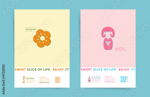 Japan travel poster design templates set. Japanese culture minimalism simple cover for book, brochure, card background. Asian minimal travel vertical layout with yellow sakura and pink kokeshi doll.