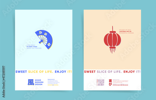 Japan travel poster design templates set. Japanese culture minimalism simple cover for book, brochure, card background. Asian minimal travel vertical layout with blue hand fan and red chinese lantern.