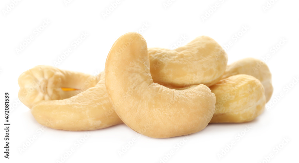 Pile of tasty organic cashew nuts isolated on white Pile of tasty organic cashew nuts isolated on white