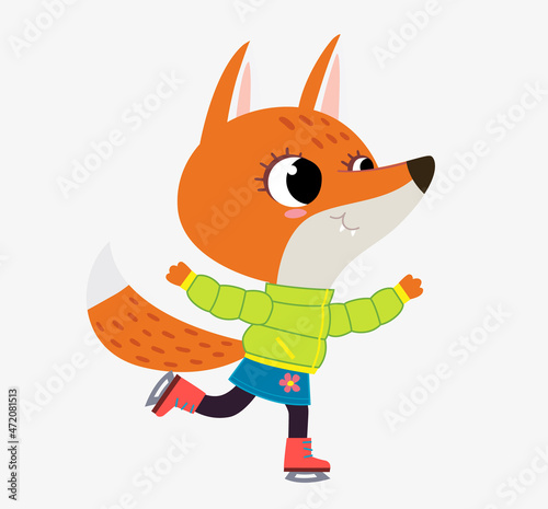A cute little fox bear wearing a fancy clothes jacket and skirt skating on a frozen river. The foxy is having fun at the rink. Childish character illustration