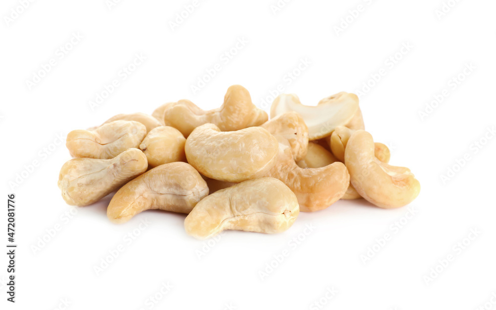 Pile of tasty organic cashew nuts isolated on white Pile of tasty organic cashew nuts isolated on white