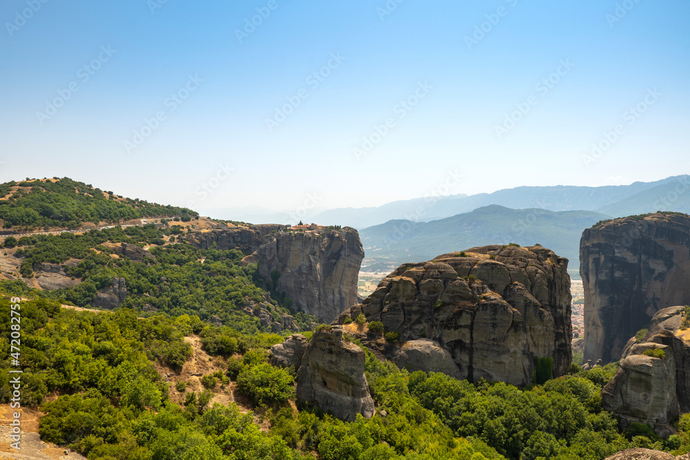 Monasteries of Meteora in Kalampaka, Thessaly (Central Greece) buildings on top of giant rock formations  