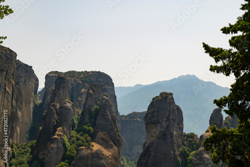 Monasteries of Meteora in Kalampaka, Thessaly (Central Greece) buildings on top of giant rock formations 