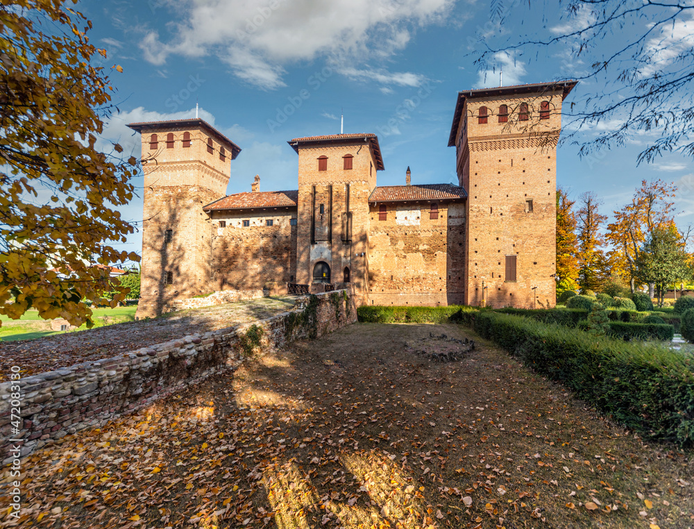 Cherasco, Cuneo, Italy - October 27, 2021: Visconteo Castle of Cherasco built by the feudal lord Luchino Visconti in 1348