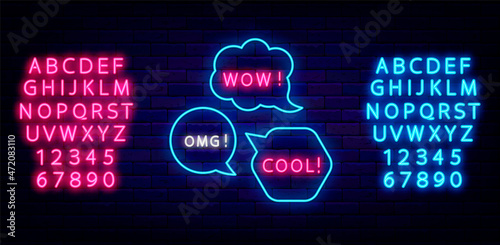 Speech bubbles neon sign collection. Wow and coll text. Blue and pink alphabet. Luminous label. Vector illustration