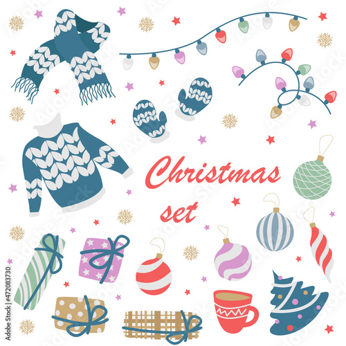 Vector set of festive winter elements isolated on gray background. Blue, green, pink, gold, orange, white scarf, mittens, sweater, cup, snowflakes, garlands, gifts, Christmas balls. Vintage colors.