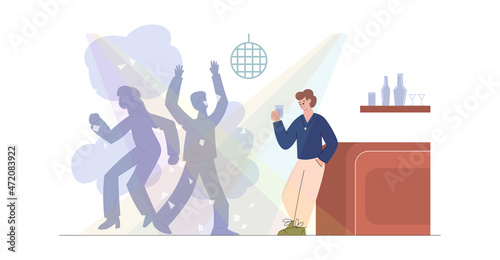 Lonely and sad man drinks alcohol at the party, flat vector illustration isolated on white background.