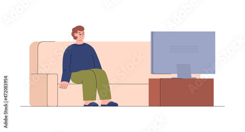 Unhappy and overweight man sits alone on couch and watches tv, flat vector illustration isolated on white background.