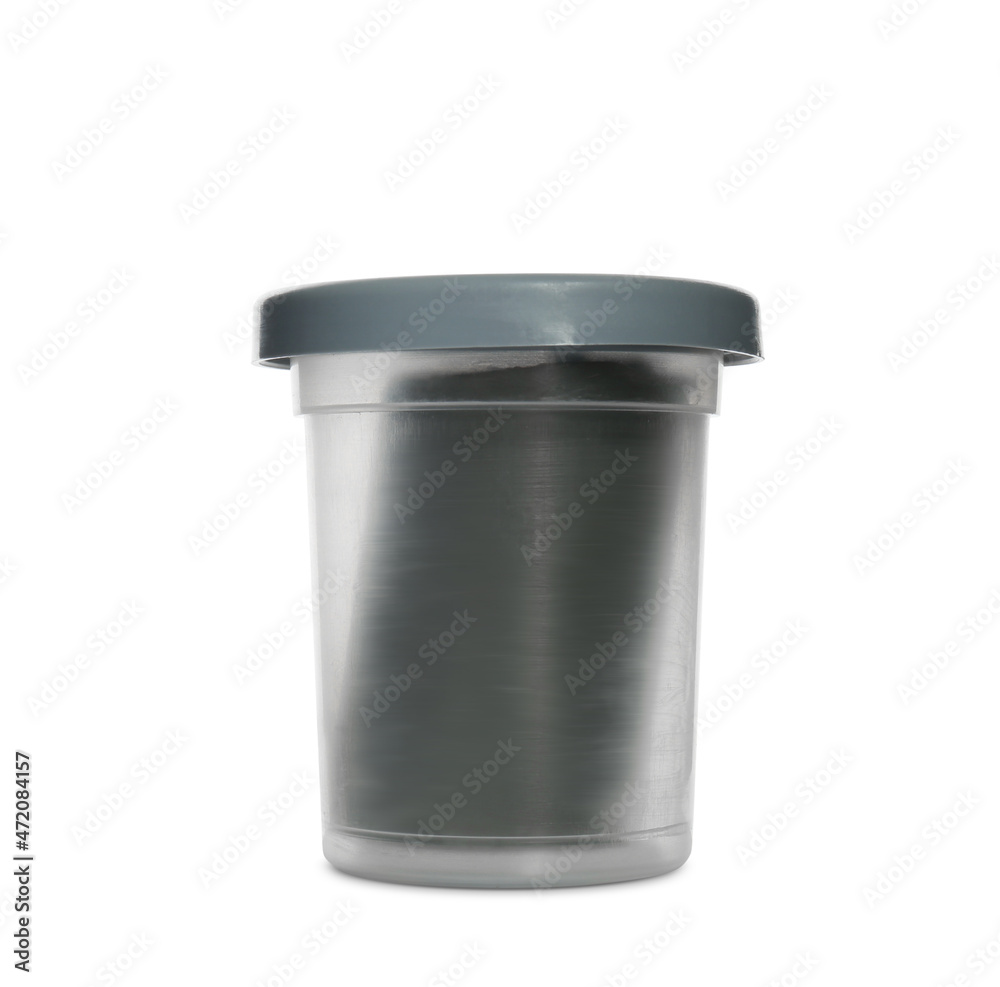 Plastic container of grey play dough isolated on white Plastic container of grey play dough isolated on white