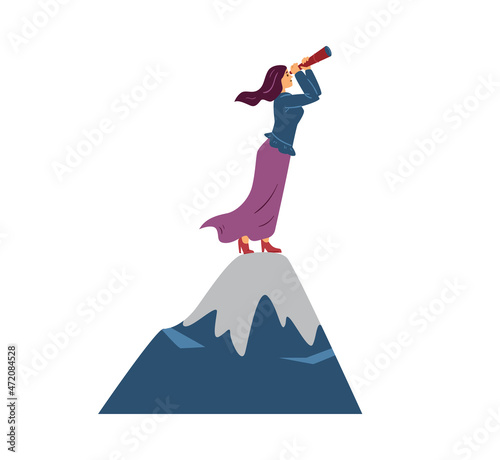 Woman on mountain looking forward with spyglass, vector illustration isolated.