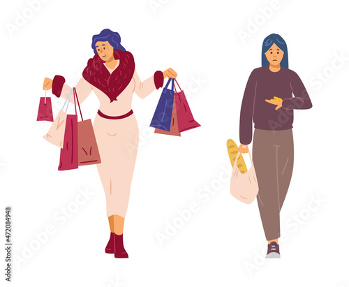 Rich woman and poor woman who lacks money on food, vector illustration isolated.