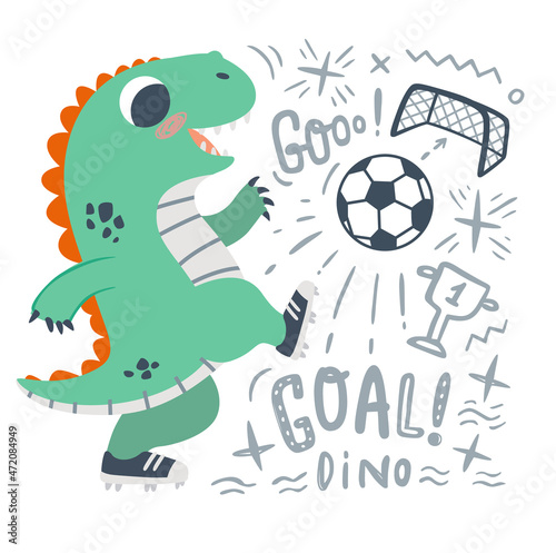 Cute little dinosaur Plays Soccer. Dino plays with ball on dark background vector illustration. Ideal for cards, poster, prints, anniversary, nursery clothing, kids room