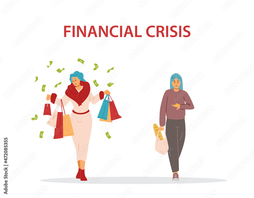 Financial crisis and social gap between poor and reach, flat vector illustration. Financial crisis and social gap between poor and reach, flat vector illustration.