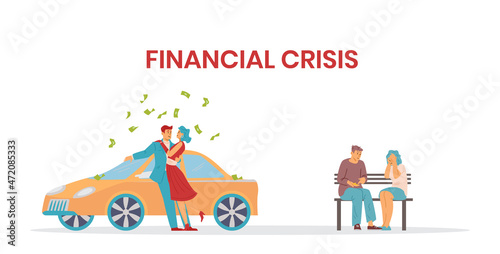 Financial crisis and widening social divide banner flat vector illustration.