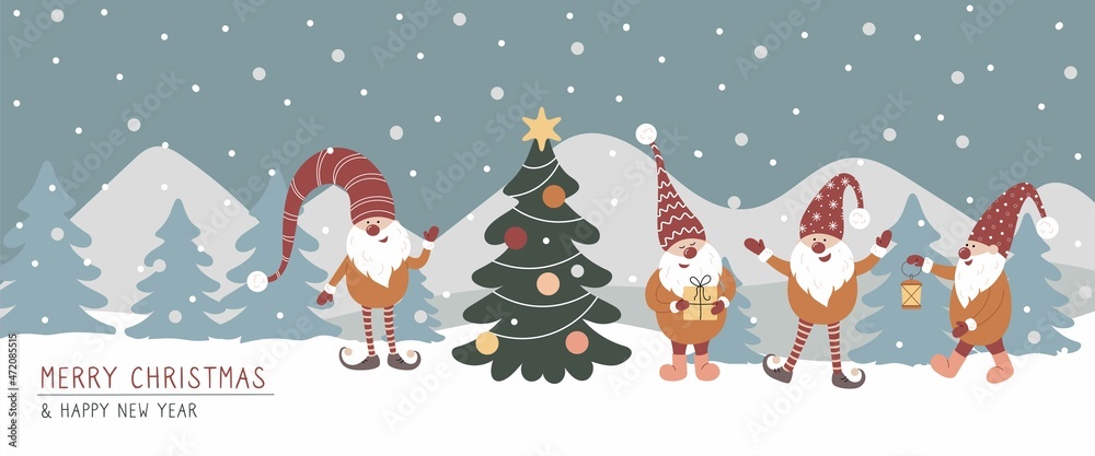 Hand draw vector illustration banner with cute gnomes in snow forest and Christmas tree. Merry Christmas and Happy New Year. Scandinavian trendy style. Hand draw vector illustration banner with cute gnomes in snow forest and Christmas tree. Merry Christmas and Happy New Year. Scandinavian trendy style.