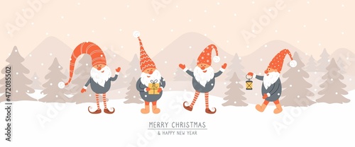 Hand draw vector illustration banner with cute gnomes in snow forest. Merry  Christmas and Happy New Year. Scandinavian trendy style.