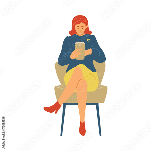 Woman using phone for internet or receiving news, vector illustration isolated.