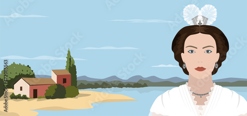 Portrait of a beautiful French woman in national dress on the background of a rustic landscape.Vector illustration of a flat design.
