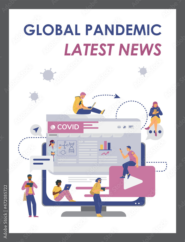 Covid-19 pandemic news mobile app onboarding page, flat vector illustration.