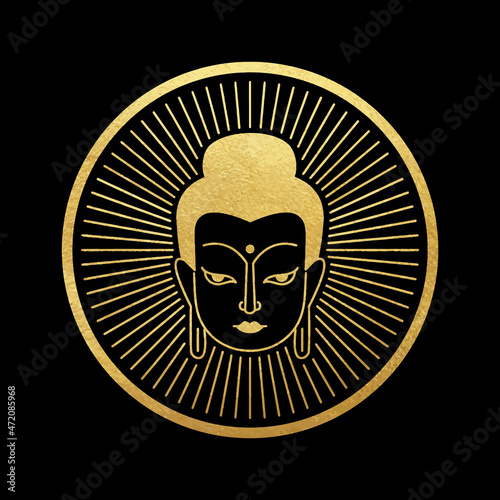 Golden foil buddha face, portrait, head vector illustration. Gold halo rays with round circle frame. Buddhist, indian design element, template for greeting card, poster. Simple line stylized drawing.