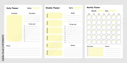 Modern collection of daily weekly monthly planner printable template with yellow ellements. Collection of note paper, to do list, stickers templates. Blank white notebook page A4