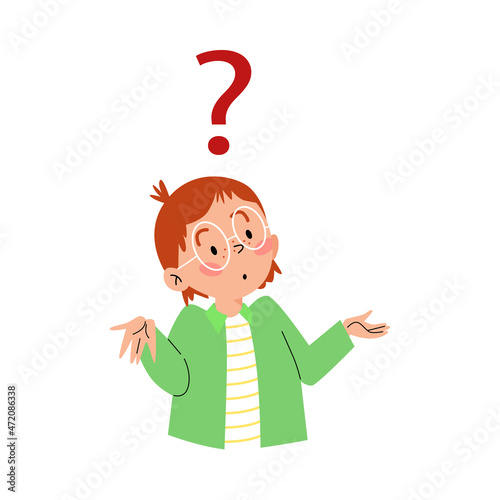 Little child confused and puzzled shrugging, flat vector illustration isolated.