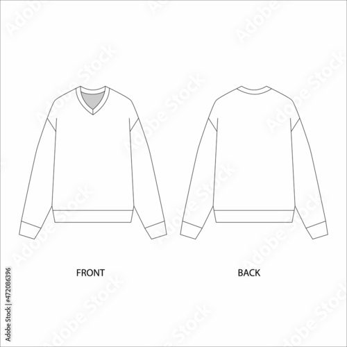Technical sketch of a sweatshirt with a v neck, vector. Sweater with v neck template design.