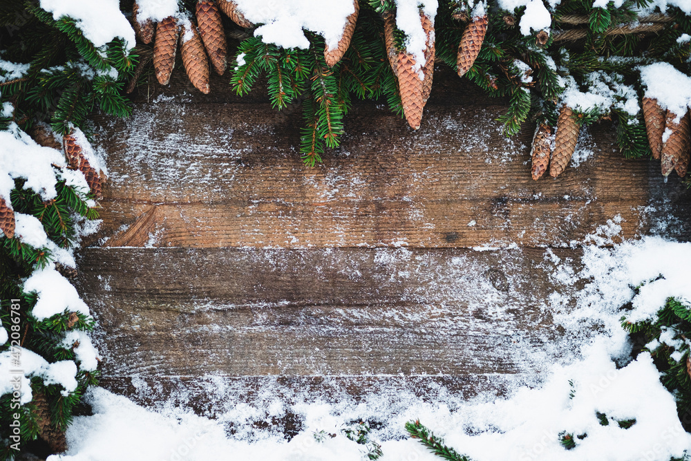 New 2022 Christmas Church Backdrops New Year 2022, Christmas Background. Beautiful, Classy Wooden Board Frame  With Snow, Pine Cones And Fir Branches. Snowy Winter Holidays Celebration.  Church Worship Poster. Selective Focus, Copy Space Stock Photo | Adobe Stock