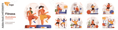 Fitness at gym concept isolated person situations. Collection of scenes with people do aerobics or weightlifting, exercise on simulators, home workouts. Mega set. Vector illustration in flat design